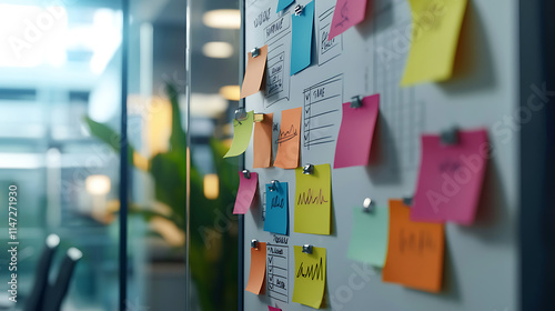 A white board with colorful sticky notes on it
