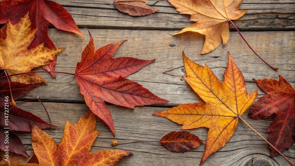 Obraz premium Autumn leaves with vibrant hues of red, orange, and yellow, scattered across a weathered wooden surface, capturing the essence of the season's transition.
