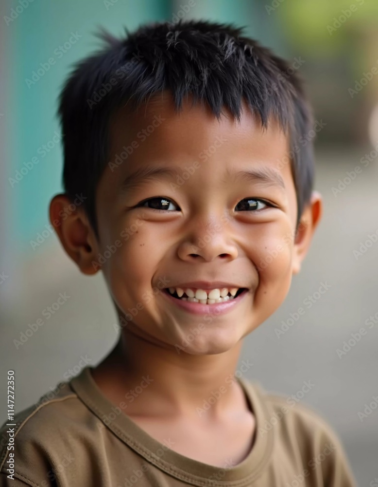A cheerful boy, around six years old, smiles brightly against a blurred background in Thailand. His carefree expression reflects happiness and youthfulness in a warm atmosphere. Generative AI A cheerful boy, around six years old, smiles brightly against a blurred background in Thailand. His carefree expression reflects happiness and youthfulness in a warm atmosphere. Generative AI