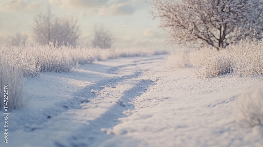 Snow tracks leading across a tranquil winter landscape, highlighting the untouched snow and peaceful atmosphere of the cold season Snow tracks leading across a tranquil winter landscape, highlighting the untouched snow and peaceful atmosphere of the cold season