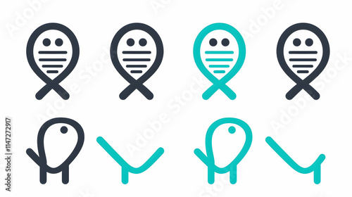 A series of stylized fish icons in various designs and colors, suggesting a playful theme. photo