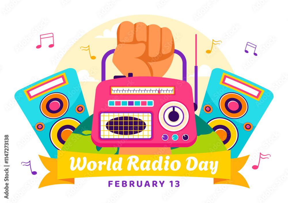 Obraz premium World Radio Day Vector Illustration on 13 February Depicting Technology, Science, and Communication in a Flat Style Cartoon Background