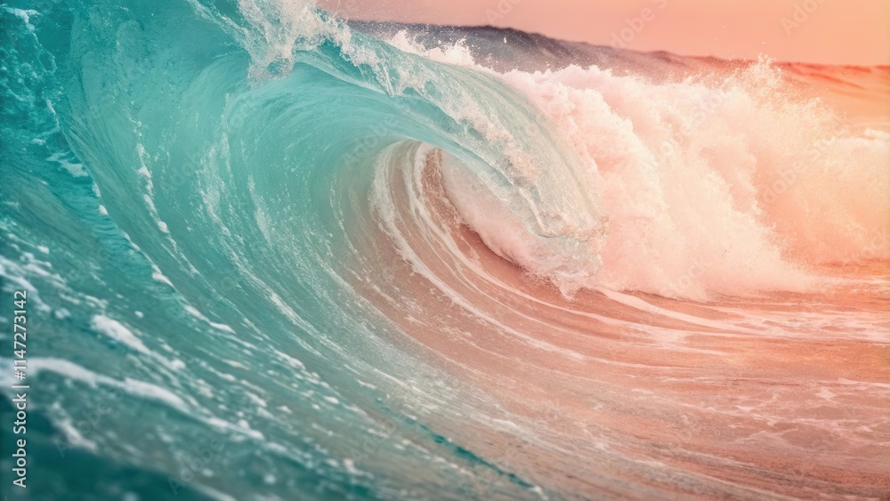 Fototapeta premium A perfect turquoise wave breaks in a mesmerizing swirl of white foam, creating a kaleidoscope of colors against the warm glow of the horizon.