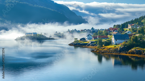 The fjord is immersed in morning mist. Fjordic. Illustration