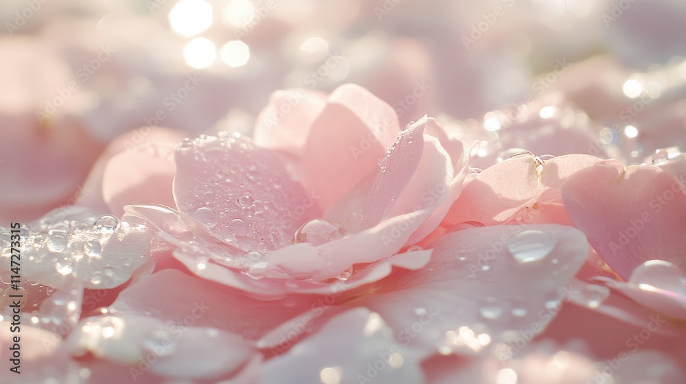 Water droplets resting delicately on pink flower petals, sparkling in the morning light, captured in close-up for an elegant, natural image Water droplets resting delicately on pink flower petals, sparkling in the morning light, captured in close-up for an elegant, natural image