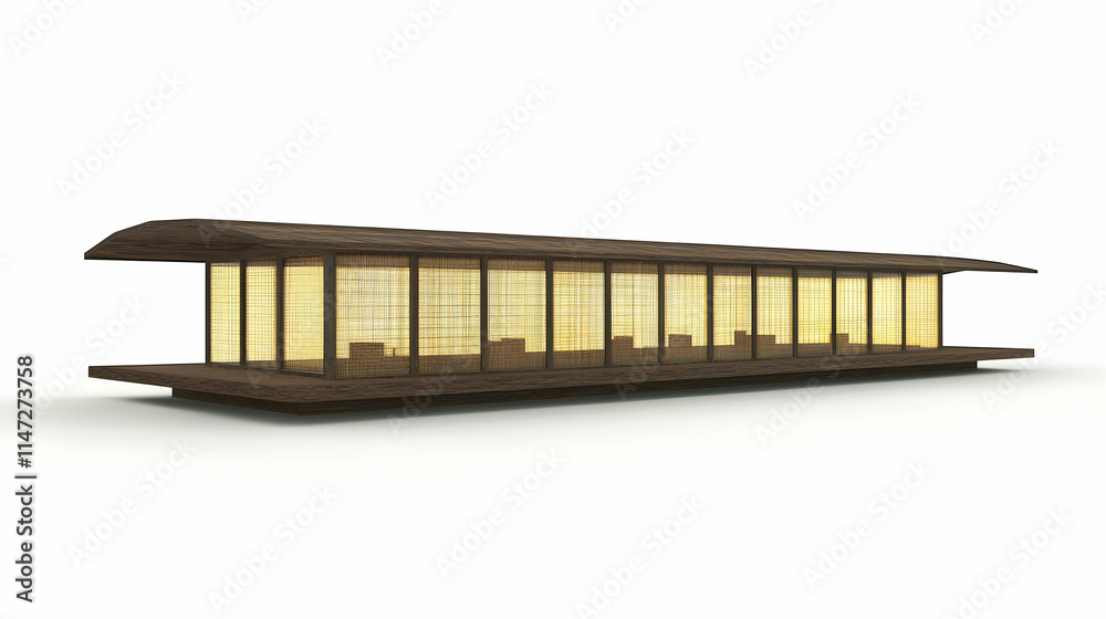 A modern architectural structure with a sleek design and illuminated windows. A modern architectural structure with a sleek design and illuminated windows.