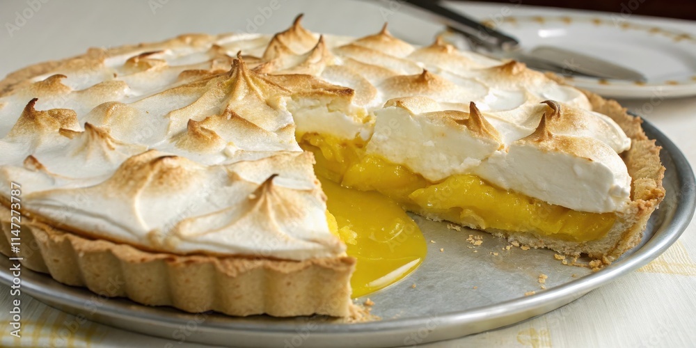 A slice of lemon meringue pie with a flaky crust, a tangy lemon filling, and a fluffy, toasted meringue topping, all on a silver serving plate. A slice of lemon meringue pie with a flaky crust, a tangy lemon filling, and a fluffy, toasted meringue topping, all on a silver serving plate.