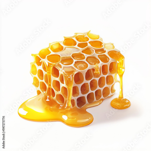 dripping honeycomb with golden honey oozing from hexagonal cells, creating sweet and natural texture against white background. image captures richness and purity of honey
