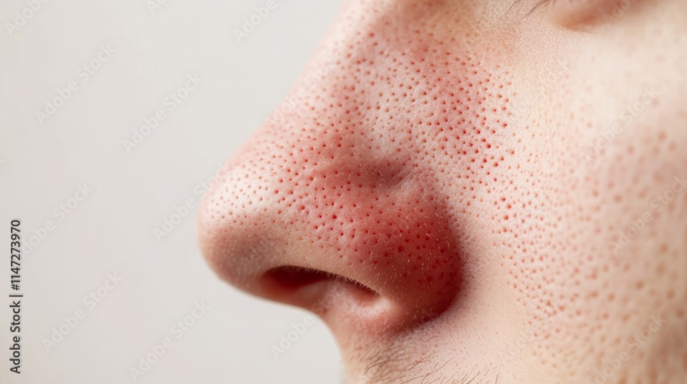 Close up of red irritated nose, emphasizing the discomfort and struggle of allergies or cold symptoms, highlighting the human vulnerability and resilience in the face of common ailments. Close up of red irritated nose, emphasizing the discomfort and struggle of allergies or cold symptoms, highlighting the human vulnerability and resilience in the face of common ailments.