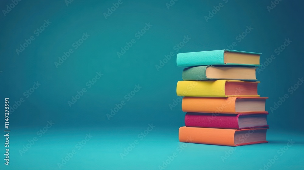 Stack of Colorful Books on a Blue Background Stack of Colorful Books on a Blue Background