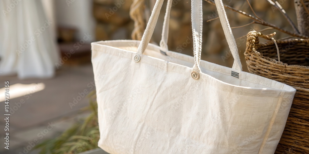 A simple white canvas tote bag hangs from a wicker basket in the warm sunlight. A simple white canvas tote bag hangs from a wicker basket in the warm sunlight.