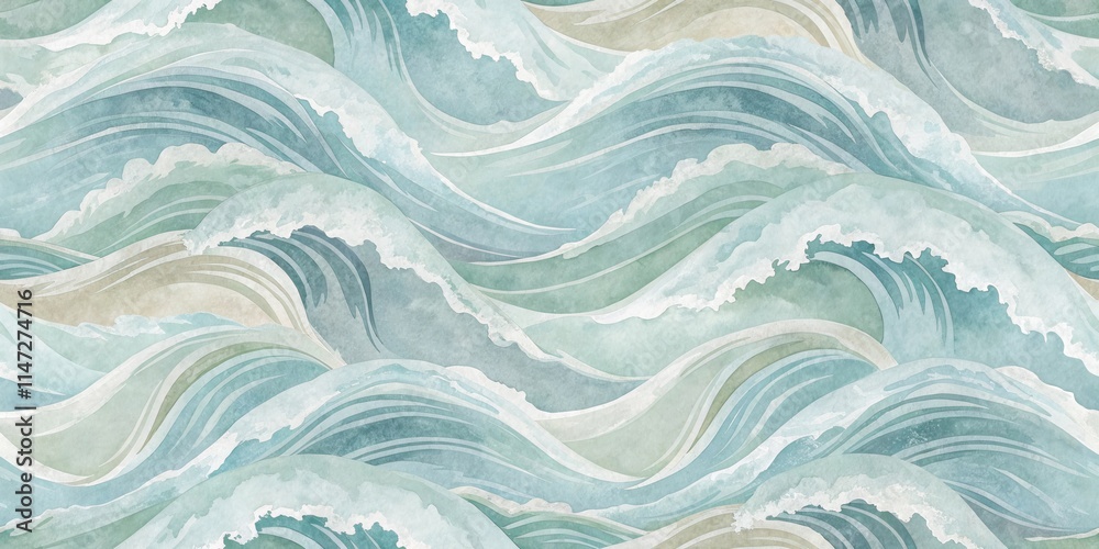 Abstract Watercolor Pattern of Rolling Ocean Waves in Green and Blue Tones Abstract Watercolor Pattern of Rolling Ocean Waves in Green and Blue Tones