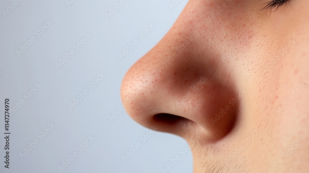 Close up of red irritated nose, emphasizing the discomfort and struggle of allergies or cold symptoms, highlighting the human vulnerability and resilience in the face of common ailments. Close up of red irritated nose, emphasizing the discomfort and struggle of allergies or cold symptoms, highlighting the human vulnerability and resilience in the face of common ailments.