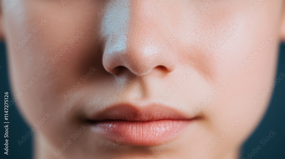 Fototapeta premium Close up of red irritated nose, emphasizing the discomfort and struggle of allergies or cold symptoms, highlighting the human vulnerability and resilience in the face of common ailments.