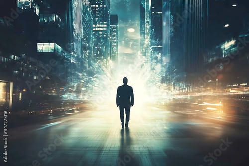 Businessman walking into a futuristic city. Concept of leadership, innovation, and future.