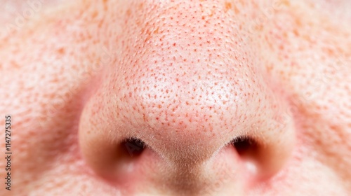 Close up of red irritated nose, emphasizing the discomfort and struggle of allergies or cold symptoms, highlighting the human vulnerability and resilience in the face of common ailments.