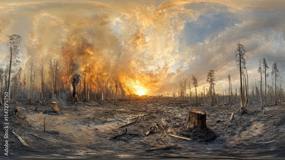 360 panorama of wildfire aftermath at sunset. 360 panorama of wildfire aftermath at sunset.