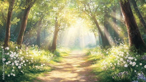 Sunlit Path Through A Flower Filled Forest