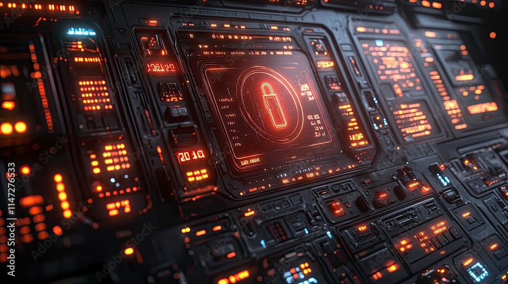 Obraz premium Futuristic control panel with glowing orange lights and complex digital interface for advanced technology systems
