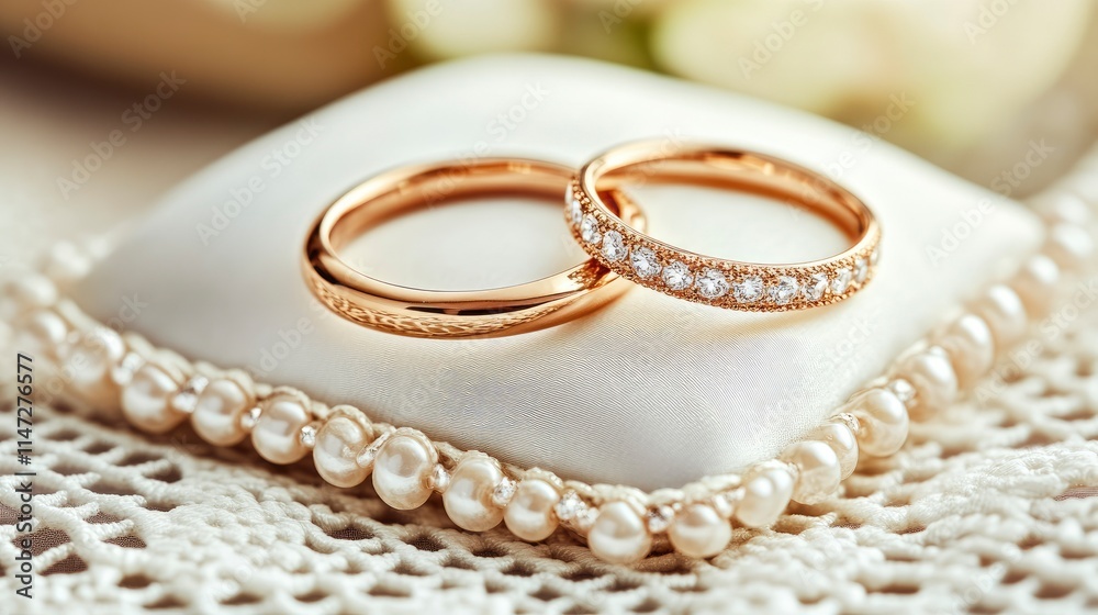 Elegant wedding rings resting on a luxurious pillow surrounded by delicate lace and pearls, symbolizing everlasting love and commitment Elegant wedding rings resting on a luxurious pillow surrounded by delicate lace and pearls, symbolizing everlasting love and commitment
