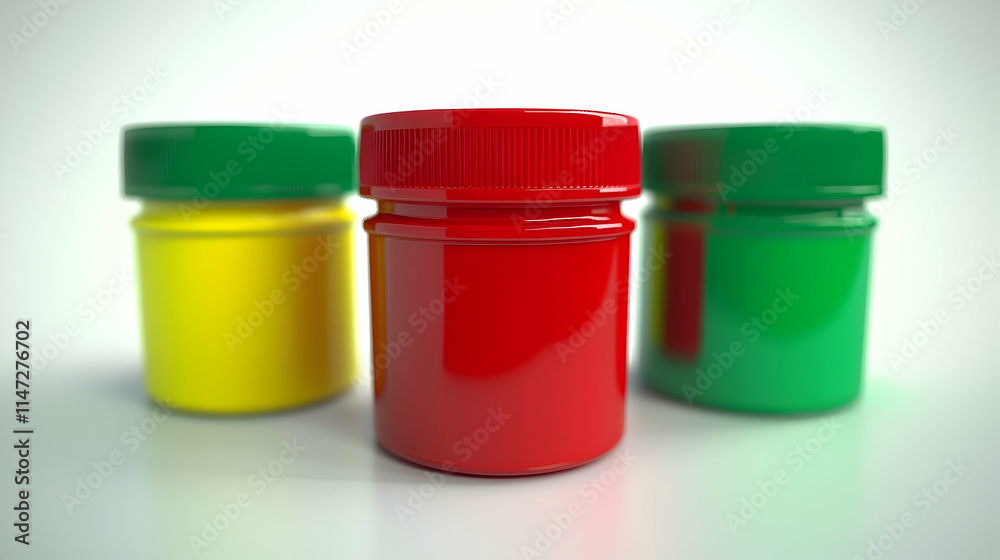 Three colorful jars in red, yellow, and green, likely for paint or food storage. Three colorful jars in red, yellow, and green, likely for paint or food storage.