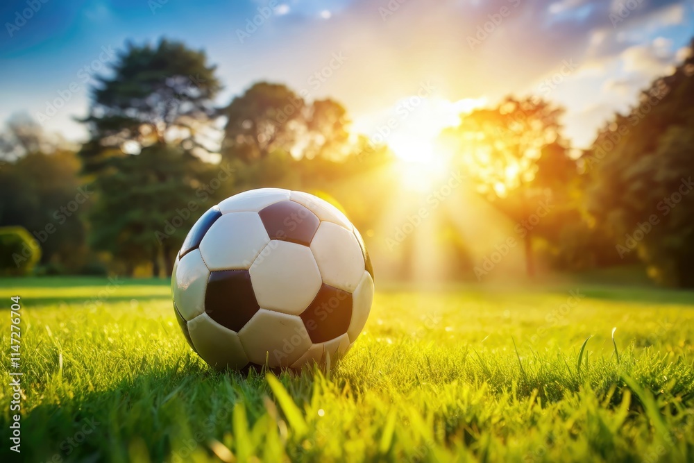 Fototapeta premium A soccer ball rests on a vibrant green grass field.