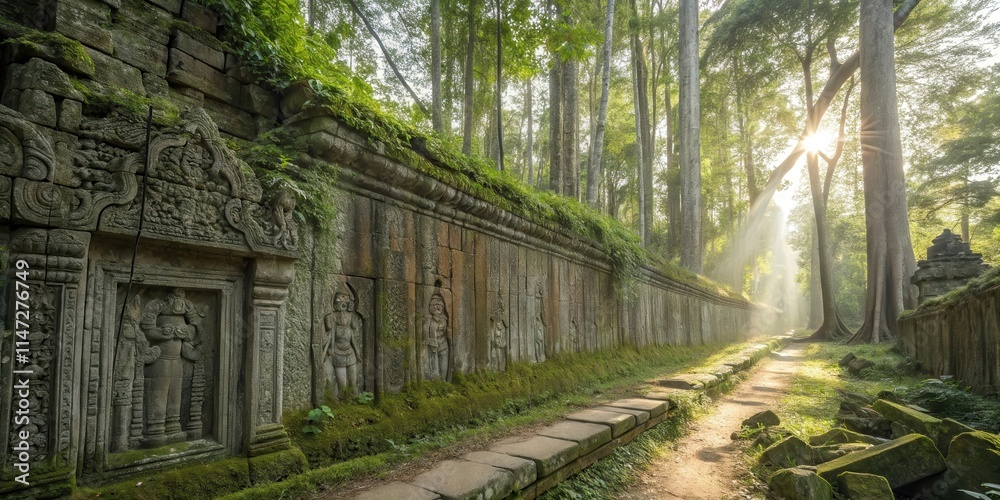 Ancient stone wall adorned with intricate carvings, bathed in the warm glow of sunrise through a verdant canopy Ancient stone wall adorned with intricate carvings, bathed in the warm glow of sunrise through a verdant canopy