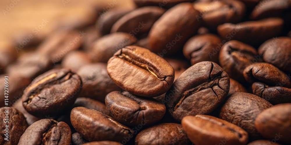 Obraz premium A close-up view of roasted coffee beans, revealing their rich brown hues, intricate surface textures, and the promise of a flavorful brew.