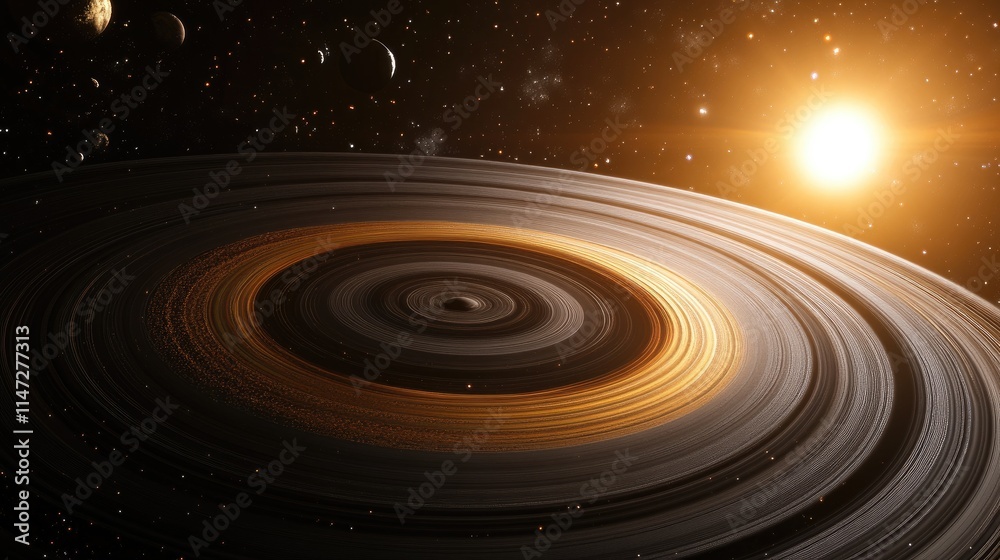A beautiful planet with sparkling rings, bathed in sunlight from a nearby star, set against the backdrop of a vast, dark universe with other celestial bodies A beautiful planet with sparkling rings, bathed in sunlight from a nearby star, set against the backdrop of a vast, dark universe with other celestial bodies