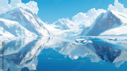 Serene arctic landscape with icy mountains and reflections.