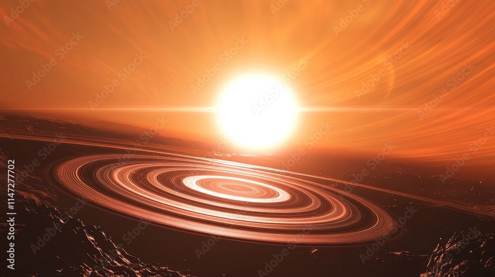 A breathtaking view of a beautiful planet surrounded by shimmering rings, with the sun shining brightly in the background, casting vibrant rays A breathtaking view of a beautiful planet surrounded by shimmering rings, with the sun shining brightly in the background, casting vibrant rays