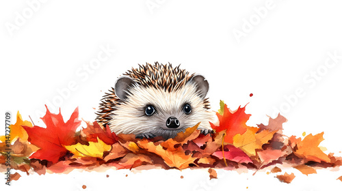 A lovely watercolor painting of a tiny hedgehog peeking out from a pile of leaves, minimal watercolor style illustration isolated on a transparent background

 photo