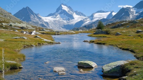 Scenic alpine lake with majestic mountain backdrop.