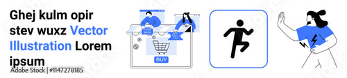 People using laptops for online shopping, a running figure icon, person wearing a blue shirt with a lightning bolt design waving. Ideal for e-commerce, fitness, teamwork, technology, lifestyle