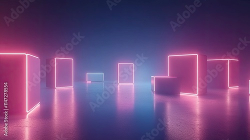 Futuristic neon-lit scene with glowing cubes in a misty environment, creating an immersive and surreal atmosphere for design backgrounds