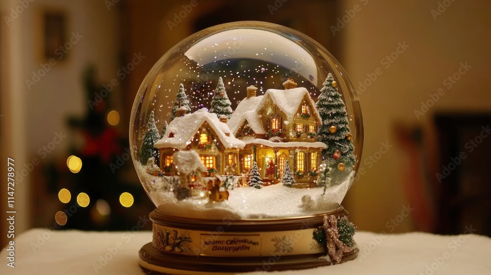 A beautifully detailed snow globe featuring a charming winter village with illuminated houses and snowy trees