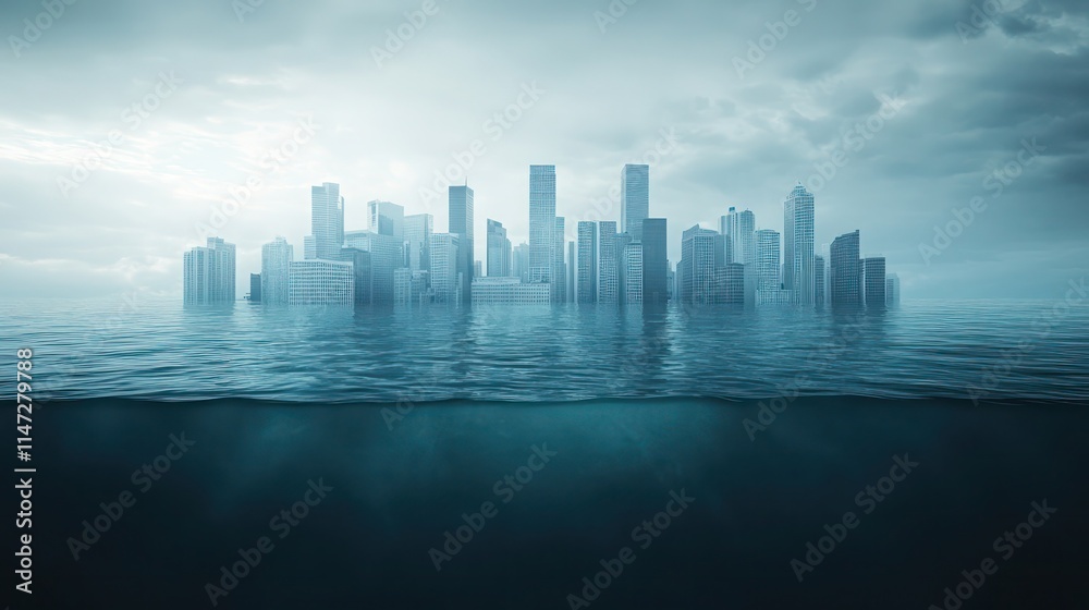 Cityscape half-submerged in dark water. Cityscape half-submerged in dark water.