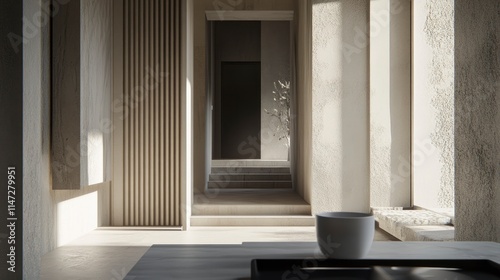 A serene interior space showcasing minimalist architecture with natural light streaming through, highlighting textures and inviting calmness