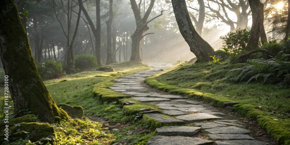 Naklejka premium A stone path winds through a misty forest, sunlight streaming through the trees and illuminating the moss-covered ground.