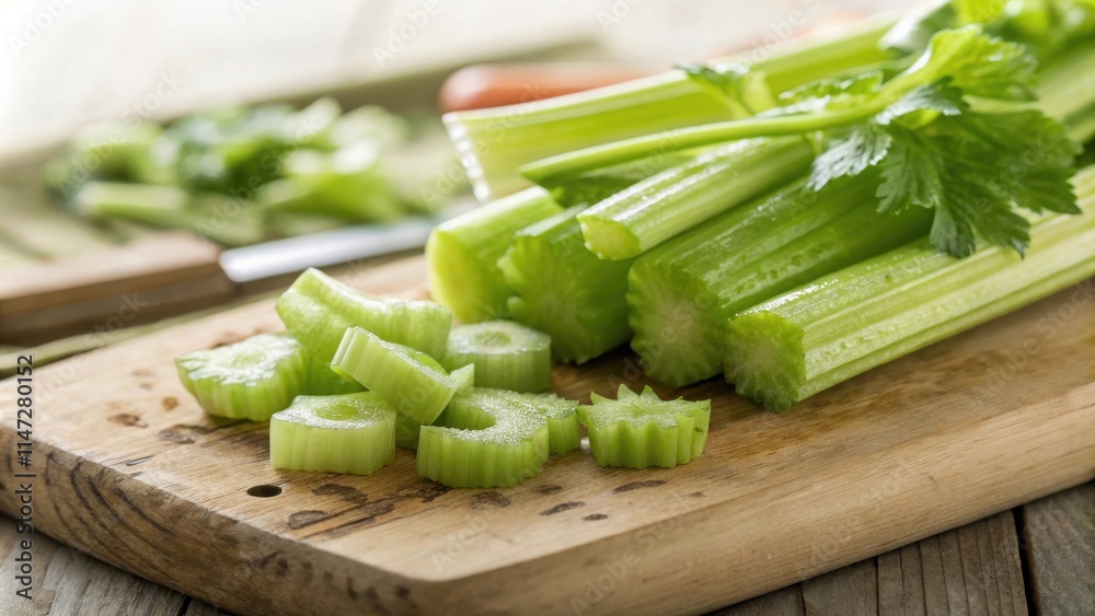 Freshly chopped celery stalks on a wooden cutting board, a healthy and refreshing snack or ingredient for cooking Freshly chopped celery stalks on a wooden cutting board, a healthy and refreshing snack or ingredient for cooking