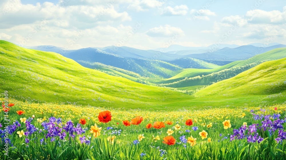 Obraz premium Vibrant Wildflower Meadow Amidst Rolling Green Mountains
