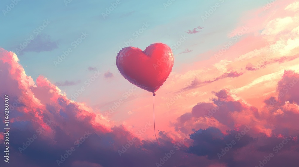 Fototapeta premium Heart Shaped Balloon Ascends Through Pink Sunset Clouds