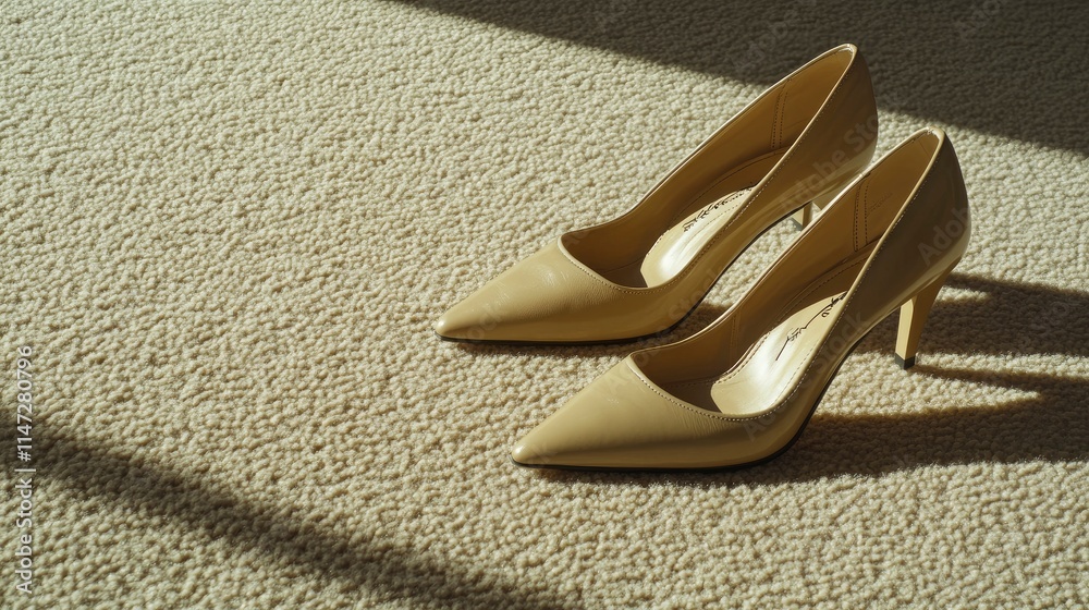 Naklejka premium Stylish beige high-heeled shoes elegantly placed on a soft carpet with shadows highlighting their sleek design