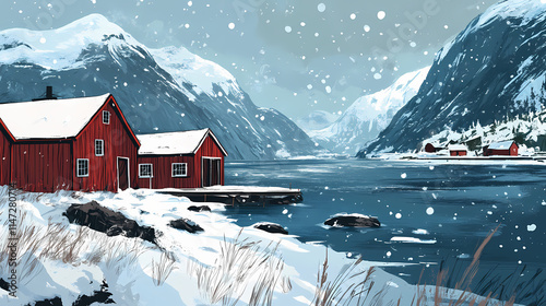 Fjord in norway in winter with some wooden buildings and the snowcovered mountiains in the background. Fjordic. Illustration photo