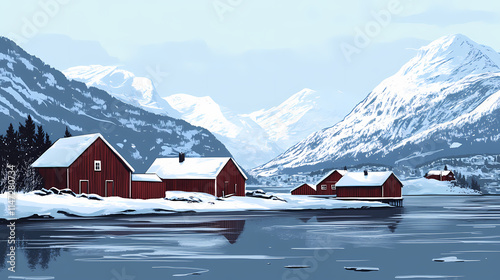 Fjord in norway in winter with some wooden buildings and the snowcovered mountiains in the background. Fjordic. Illustration photo