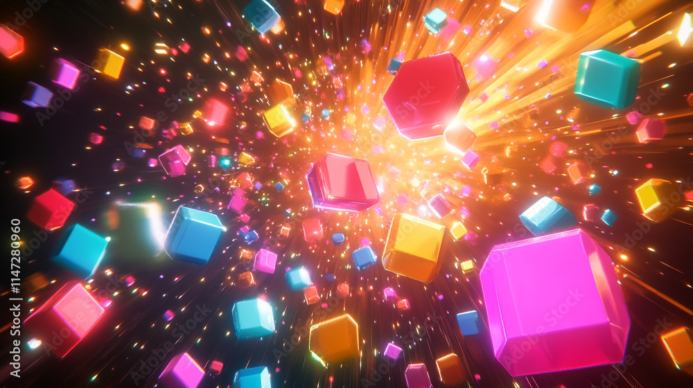 Colorful cubes burst into vibrant light in a digital explosion of shapes. Colorful cubes burst into vibrant light in a digital explosion of shapes.