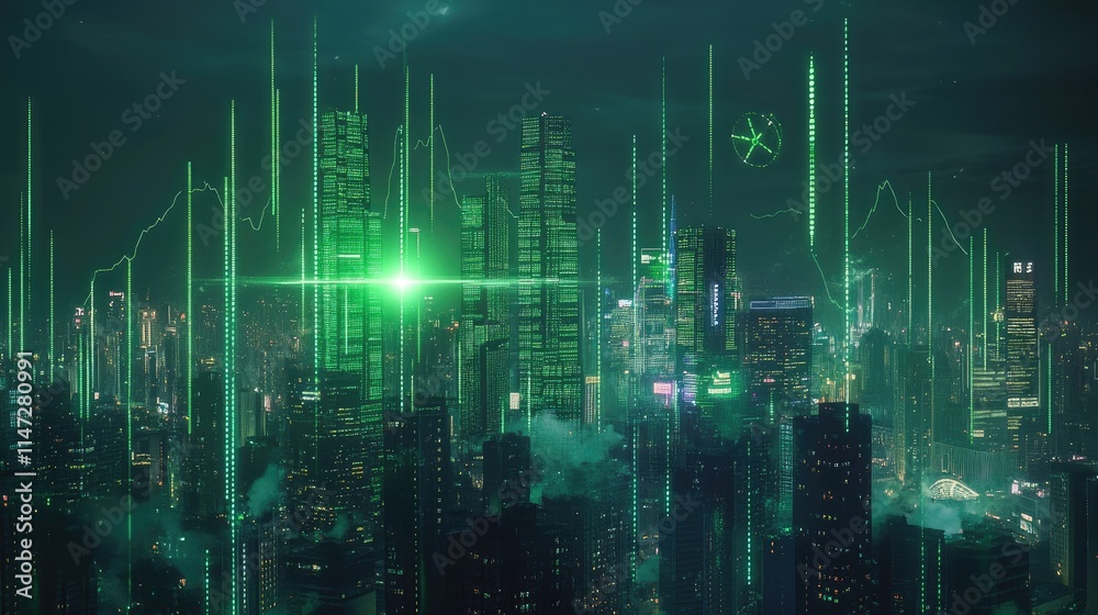 A digital green trading chart overlaid on a city skyline, symbolizing the modern financial market, with fluctuating stock data and economic insights A digital green trading chart overlaid on a city skyline, symbolizing the modern financial market, with fluctuating stock data and economic insights