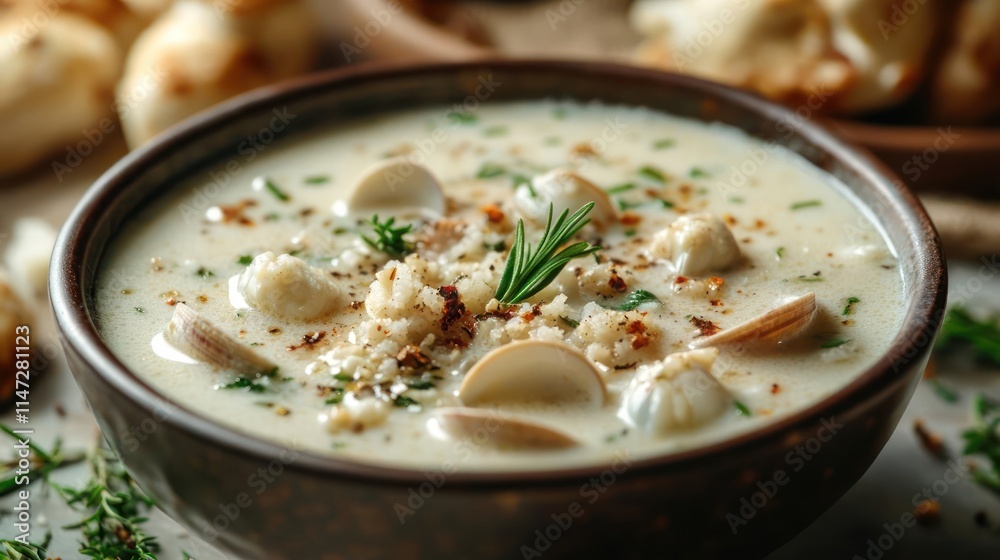 Tasty looking tomato soup with cauliflower and mushrooms served in a bowl. There are also fresh herbs like parsley garnishing the soup. Tasty looking tomato soup with cauliflower and mushrooms served in a bowl. There are also fresh herbs like parsley garnishing the soup.