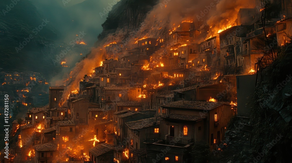 Burning mountain village engulfed in flames and smoke at night. Burning mountain village engulfed in flames and smoke at night.