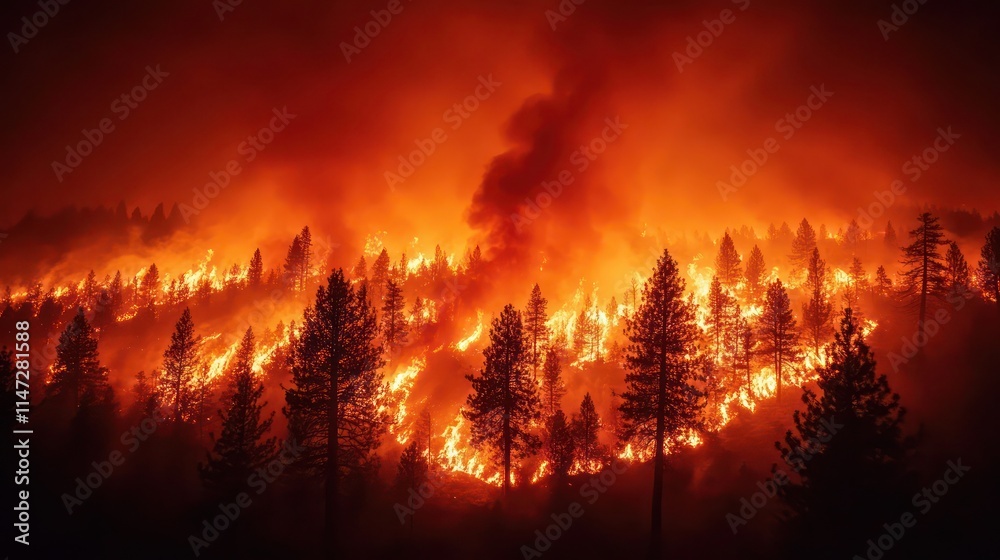 Intense wildfire engulfs forest at night. Intense wildfire engulfs forest at night.